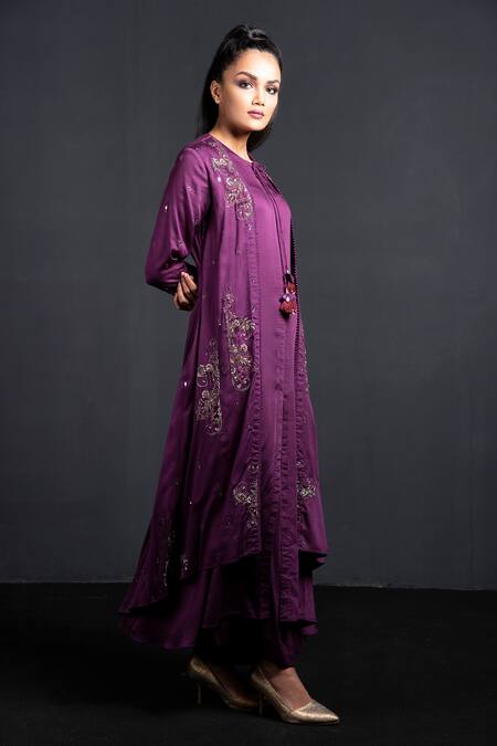 Neha & Tarun Purple Modal Satin Cotton Round Embroidered Kurta And Pant Set Online at Aza Fashions Neha & Tarun_Purple Modal Satin Cotton Round Embroidered Kurta And Pant Set _Online_at_Aza_Fashions