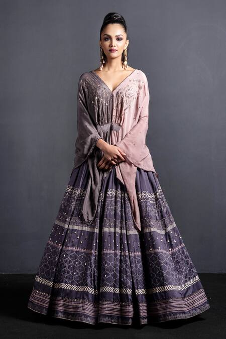 Neha & Tarun Grey Blouse Natural Crepe, Lehenga Modal Silk V Neck Embroidered Set Online at Aza Fashions Neha & Tarun_Grey Blouse Natural Crepe, Lehenga Modal Silk V Neck Embroidered Set _Online_at_Aza_Fashions