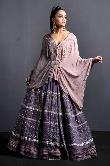 Buy Neha & Tarun Grey Blouse Natural Crepe, Lehenga Modal Silk V Neck Embroidered Set Online at Aza Fashions Buy_Neha & Tarun_Grey Blouse Natural Crepe, Lehenga Modal Silk V Neck Embroidered Set _Online_at_Aza_Fashions
