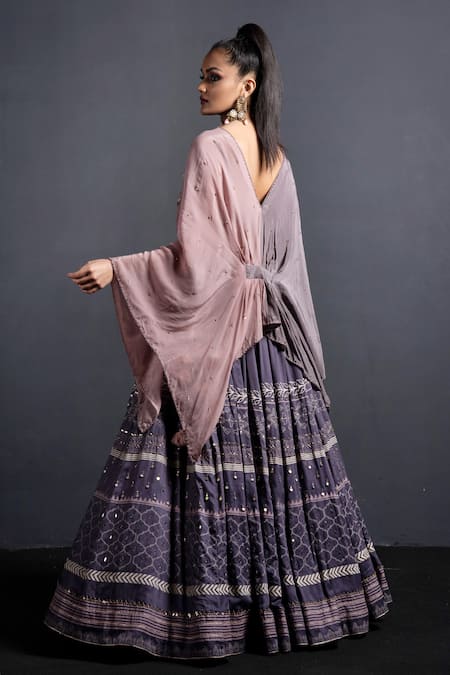 Shop Neha & Tarun Grey Blouse Natural Crepe, Lehenga Modal Silk V Neck Embroidered Set at Aza Fashions Shop_Neha & Tarun_Grey Blouse Natural Crepe, Lehenga Modal Silk V Neck Embroidered Set _at_Aza_Fashions