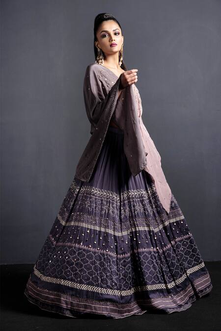 Shop Neha & Tarun Grey Blouse Natural Crepe, Lehenga Modal Silk V Neck Embroidered Set Online at Aza Fashions Shop_Neha & Tarun_Grey Blouse Natural Crepe, Lehenga Modal Silk V Neck Embroidered Set _Online_at_Aza_Fashions
