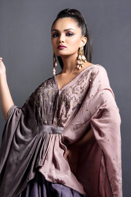Neha & Tarun Grey Blouse Natural Crepe, Lehenga Modal Silk V Neck Embroidered Set at Aza Fashions Neha & Tarun_Grey Blouse Natural Crepe, Lehenga Modal Silk V Neck Embroidered Set _at_Aza_Fashions