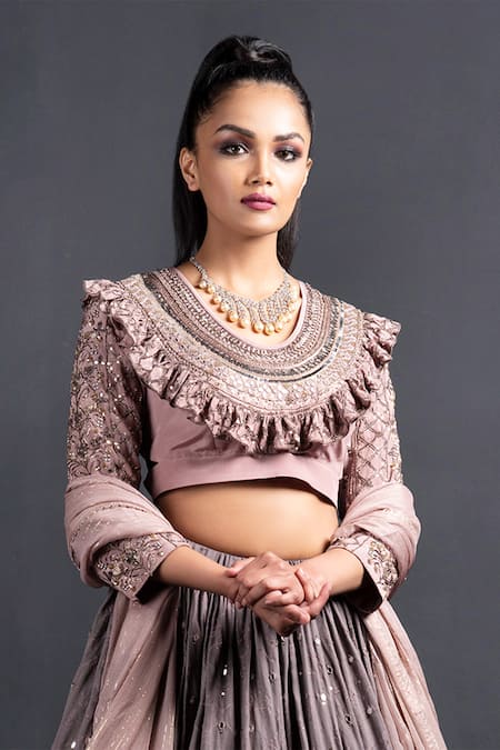 Shop Neha & Tarun Grey Blouse Natural Crepe, Dupatta Chiffon, Lehenga Modal Embroidered Set Online at Aza Fashions Shop_Neha & Tarun_Grey Blouse Natural Crepe, Dupatta Chiffon, Lehenga Modal Embroidered Set _Online_at_Aza_Fashions