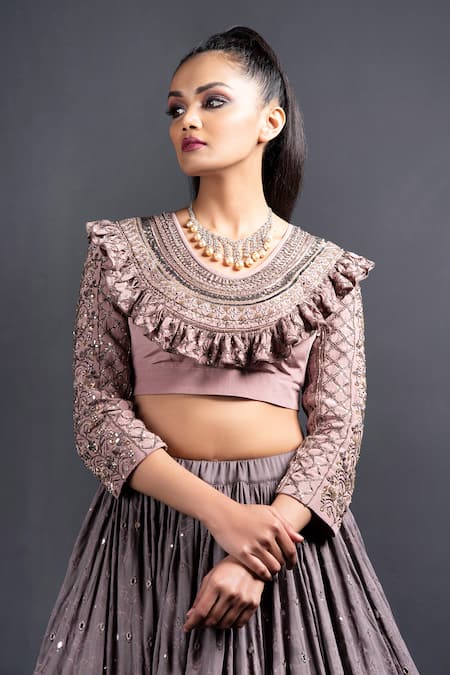 Neha & Tarun Grey Blouse Natural Crepe, Dupatta Chiffon, Lehenga Modal Embroidered Set at Aza Fashions Neha & Tarun_Grey Blouse Natural Crepe, Dupatta Chiffon, Lehenga Modal Embroidered Set _at_Aza_Fashions