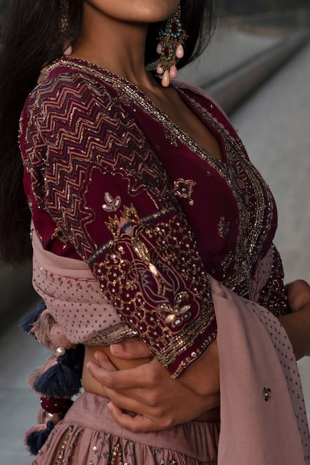 Shop Neha & Tarun Purple Blouse , Dupatta Georgette, Lehenga Modal V Embroidered Set Online at Aza Fashions Shop_Neha & Tarun_Purple Blouse , Dupatta Georgette, Lehenga Modal V Embroidered Set _Online_at_Aza_Fashions