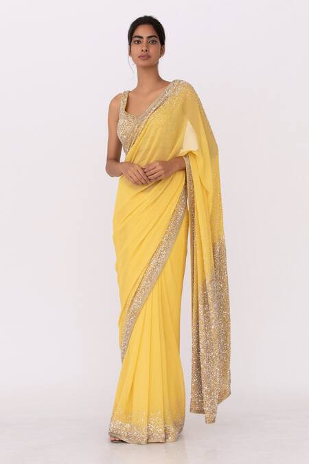 Buy_Nakul Sen_Yellow Chiffon Sequin Embroidered Saree Set_Online_at_Aza_Fashions