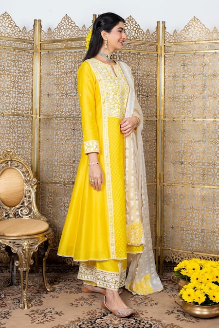 Nadima Saqib_Yellow Kurta Chanderi Palazzo Dupion Silk And Dupatta Georgette Mirror, Set _Online_at_Aza_Fashions