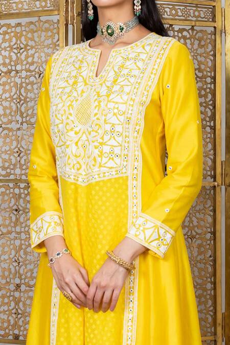 Shop_Nadima Saqib_Yellow Kurta Chanderi Palazzo Dupion Silk And Dupatta Georgette Mirror, Set _Online_at_Aza_Fashions