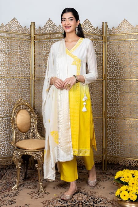 Nadima Saqib_Yellow Kurta Chanderi Pants Dupion Silk And Dupatta Georgette Angarkha Set _Online_at_Aza_Fashions