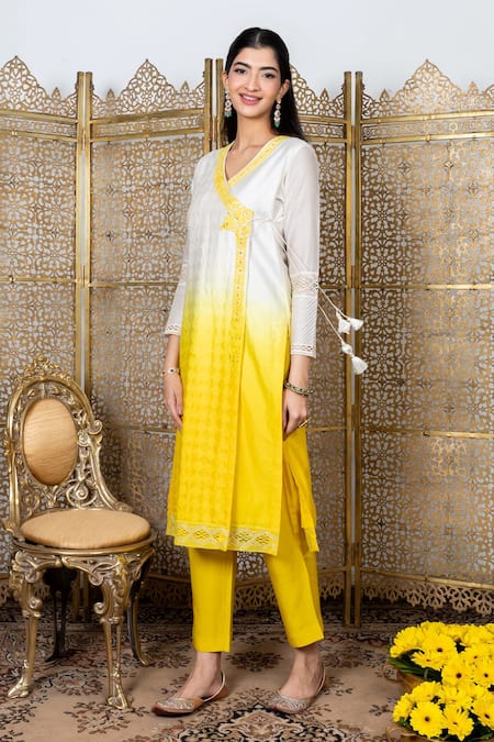 Buy_Nadima Saqib_Yellow Kurta Chanderi Pants Dupion Silk And Dupatta Georgette Angarkha Set _Online_at_Aza_Fashions