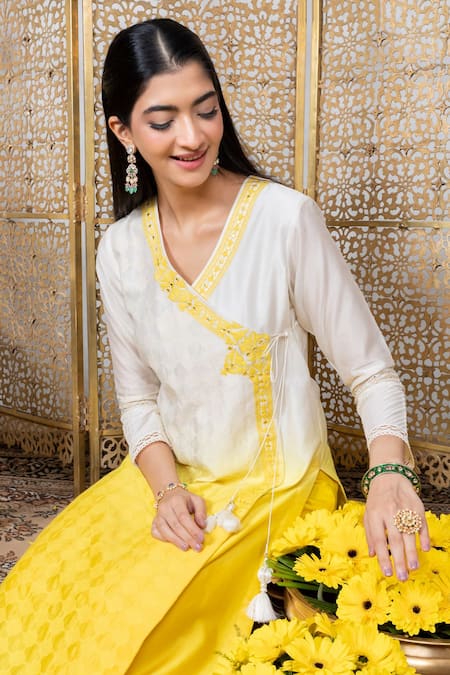 Shop_Nadima Saqib_Yellow Kurta Chanderi Pants Dupion Silk And Dupatta Georgette Angarkha Set _Online_at_Aza_Fashions