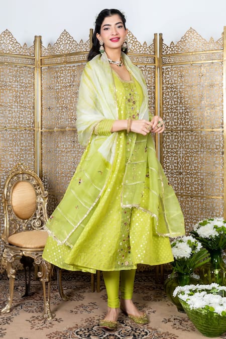 Nadima Saqib_Green Anarkali Chanderi Leggings Lycra And Dupatta Organza Resham & Set _Online_at_Aza_Fashions