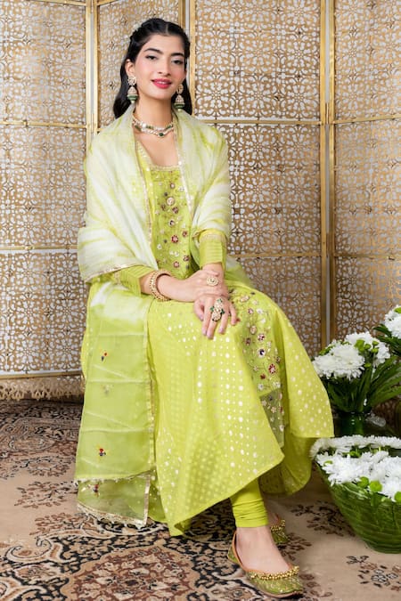 Buy_Nadima Saqib_Green Anarkali Chanderi Leggings Lycra And Dupatta Organza Resham & Set _Online_at_Aza_Fashions