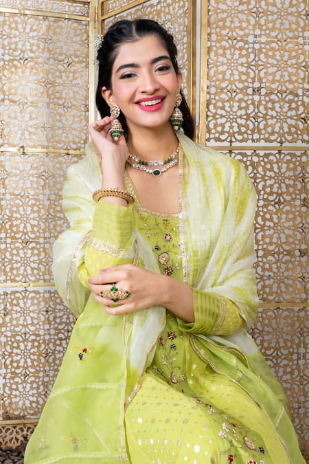 Nadima Saqib_Green Anarkali Chanderi Leggings Lycra And Dupatta Organza Resham & Set _at_Aza_Fashions