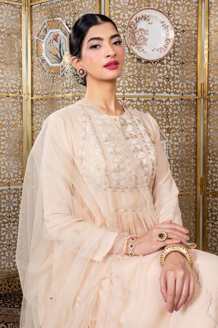 Buy_Nadima Saqib_Beige Anarkali Chanderidupatta Net Dori And Abla Work Chanderi With Dupatta _Online_at_Aza_Fashions