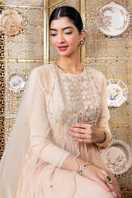 Shop_Nadima Saqib_Beige Anarkali Chanderidupatta Net Dori And Abla Work Chanderi With Dupatta _Online_at_Aza_Fashions