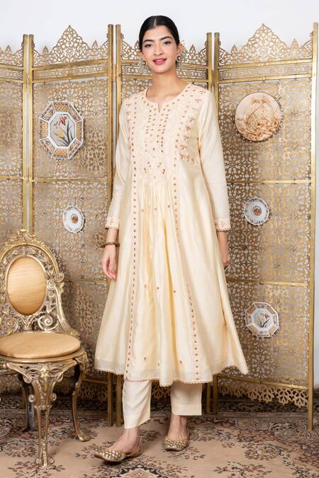 Shop_Nadima Saqib_Beige Kurta Chanderipant Dupion Silkdupatta Net Dori And Abla Work & Pant Set _Online_at_Aza_Fashions