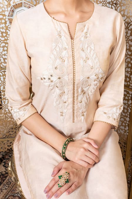 Shop_Nadima Saqib_Beige Kurta Chanderipant Dupion Silkdupatta Net Dori And Abla Work & Pant Set _Online_at_Aza_Fashions