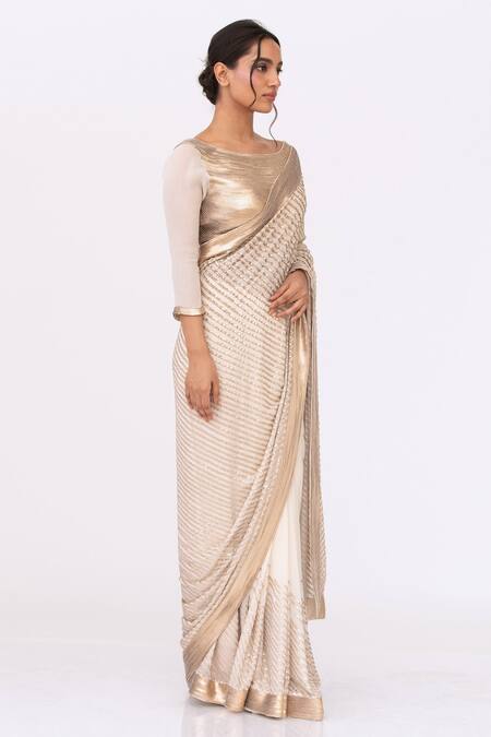 Nakul Sen White Chiffon Sequin Boat Striped Saree Set Online at Aza Fashions Nakul Sen_White Chiffon Sequin Boat Striped Saree Set _Online_at_Aza_Fashions