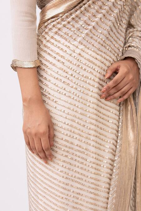 Buy Nakul Sen White Chiffon Sequin Boat Striped Saree Set Online at Aza Fashions Buy_Nakul Sen_White Chiffon Sequin Boat Striped Saree Set _Online_at_Aza_Fashions