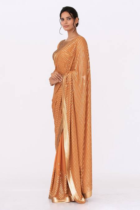 Nakul Sen Orange Chiffon Sequin Boat Striped Saree Set Online at Aza Fashions Nakul Sen_Orange Chiffon Sequin Boat Striped Saree Set _Online_at_Aza_Fashions