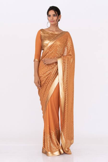 Buy Nakul Sen Orange Chiffon Sequin Boat Striped Saree Set Online at Aza Fashions Buy_Nakul Sen_Orange Chiffon Sequin Boat Striped Saree Set _Online_at_Aza_Fashions