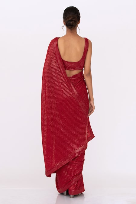 Shop Nakul Sen Red Chiffon Sequin Boat Striped Saree Set at Aza Fashions Shop_Nakul Sen_Red Chiffon Sequin Boat Striped Saree Set _at_Aza_Fashions