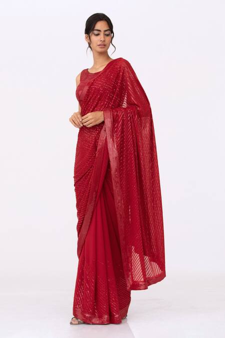 Nakul Sen Red Chiffon Sequin Boat Striped Saree Set Online at Aza Fashions Nakul Sen_Red Chiffon Sequin Boat Striped Saree Set _Online_at_Aza_Fashions