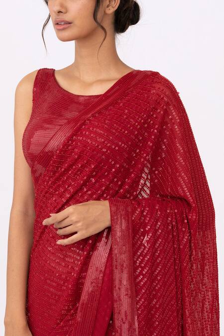 Buy Nakul Sen Red Chiffon Sequin Boat Striped Saree Set Online at Aza Fashions Buy_Nakul Sen_Red Chiffon Sequin Boat Striped Saree Set _Online_at_Aza_Fashions
