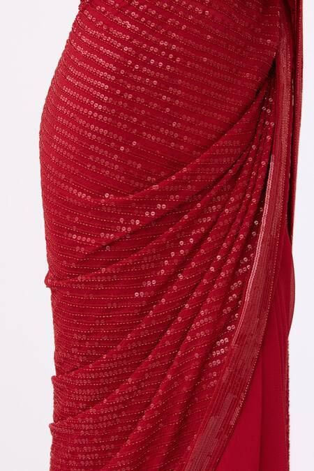 Nakul Sen Red Chiffon Sequin Boat Striped Saree Set at Aza Fashions Nakul Sen_Red Chiffon Sequin Boat Striped Saree Set _at_Aza_Fashions