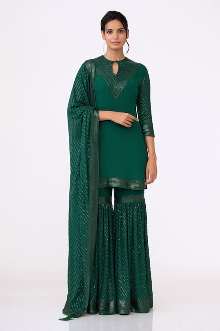 Nakul Sen Green Chiffon Sequin Keyhole Embroidered Kurta Set 