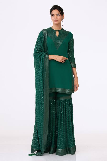 Buy_Nakul Sen_Green Chiffon Sequin Keyhole Embroidered Kurta Set _Online_at_Aza_Fashions