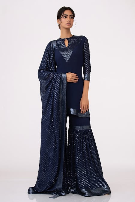 Nakul Sen Blue Chiffon Sequin Keyhole Embroidered Kurta Set 