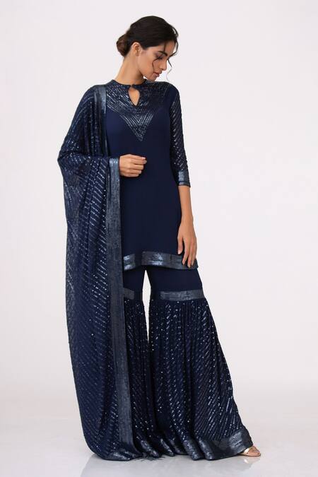 Buy Nakul Sen Blue Chiffon Sequin Keyhole Embroidered Kurta Set Online at Aza Fashions Buy_Nakul Sen_Blue Chiffon Sequin Keyhole Embroidered Kurta Set _Online_at_Aza_Fashions