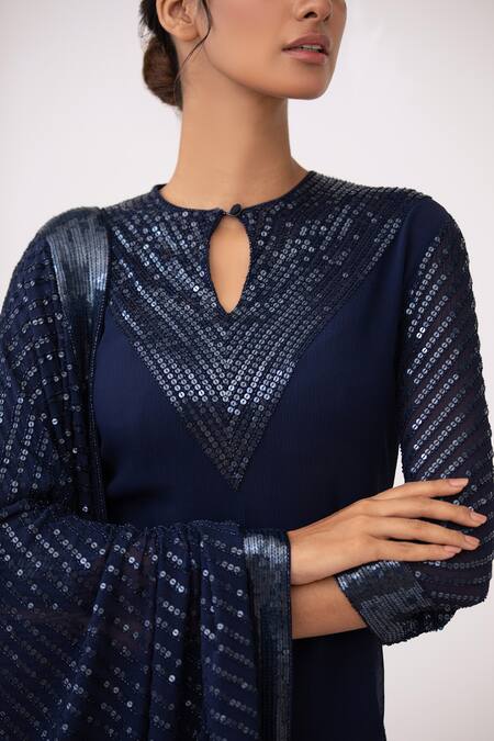 Nakul Sen Blue Chiffon Sequin Keyhole Embroidered Kurta Set at Aza Fashions Nakul Sen_Blue Chiffon Sequin Keyhole Embroidered Kurta Set _at_Aza_Fashions