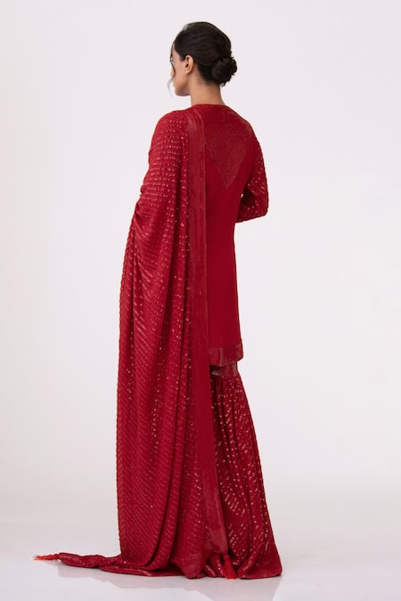 Shop Nakul Sen Red Chiffon Sequin Keyhole Embroidered Kurta Set at Aza Fashions Shop_Nakul Sen_Red Chiffon Sequin Keyhole Embroidered Kurta Set _at_Aza_Fashions