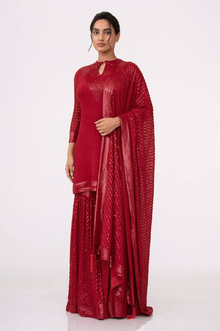 Buy Nakul Sen Red Chiffon Sequin Keyhole Embroidered Kurta Set Online at Aza Fashions Buy_Nakul Sen_Red Chiffon Sequin Keyhole Embroidered Kurta Set _Online_at_Aza_Fashions