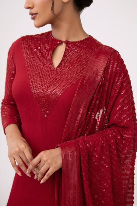 Nakul Sen Red Chiffon Sequin Keyhole Embroidered Kurta Set at Aza Fashions Nakul Sen_Red Chiffon Sequin Keyhole Embroidered Kurta Set _at_Aza_Fashions