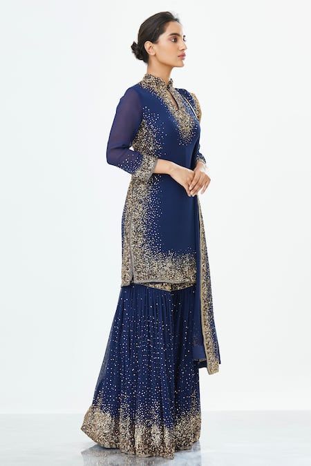 Nakul Sen_Blue Chiffon Mandarin Collar Embroidered Kurta Sharara Set _Online_at_Aza_Fashions