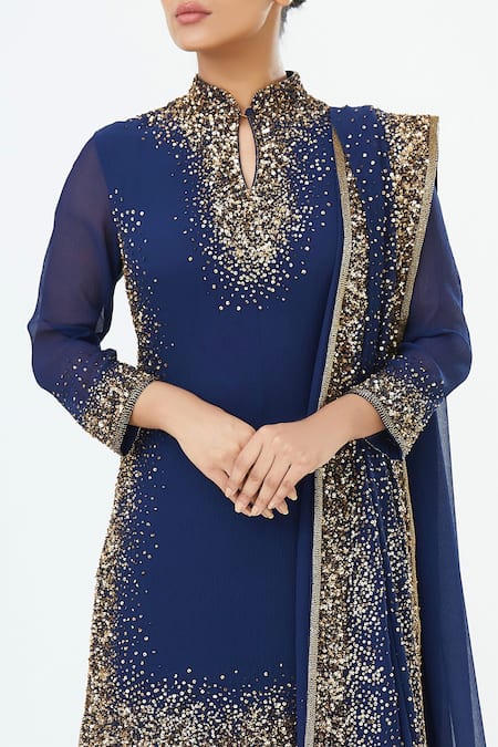 Buy_Nakul Sen_Blue Chiffon Mandarin Collar Embroidered Kurta Sharara Set _Online_at_Aza_Fashions