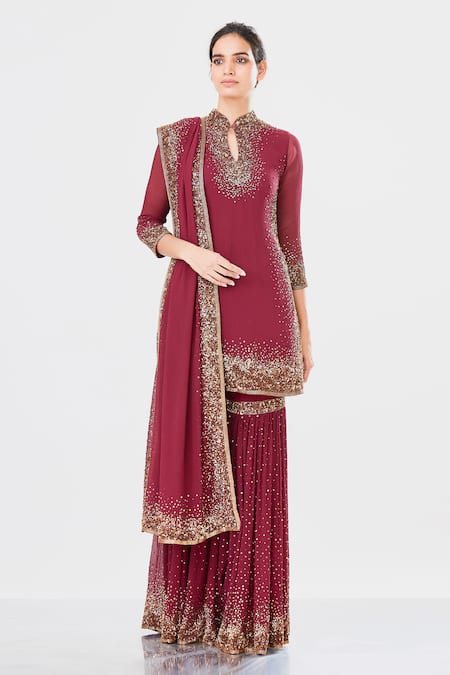 Nakul Sen Maroon Chiffon Mandarin Collar Embroidered Kurta Sharara Set  