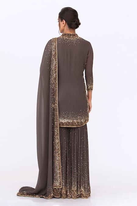 Nakul Sen Grey Chiffon Sequin Mandarin Collar Embroidered Kurta Set Online at Aza Fashions Nakul Sen_Grey Chiffon Sequin Mandarin Collar Embroidered Kurta Set _Online_at_Aza_Fashions