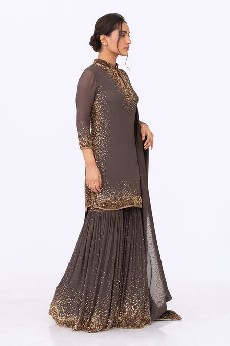 Buy Nakul Sen Grey Chiffon Sequin Mandarin Collar Embroidered Kurta Set Online at Aza Fashions Buy_Nakul Sen_Grey Chiffon Sequin Mandarin Collar Embroidered Kurta Set _Online_at_Aza_Fashions