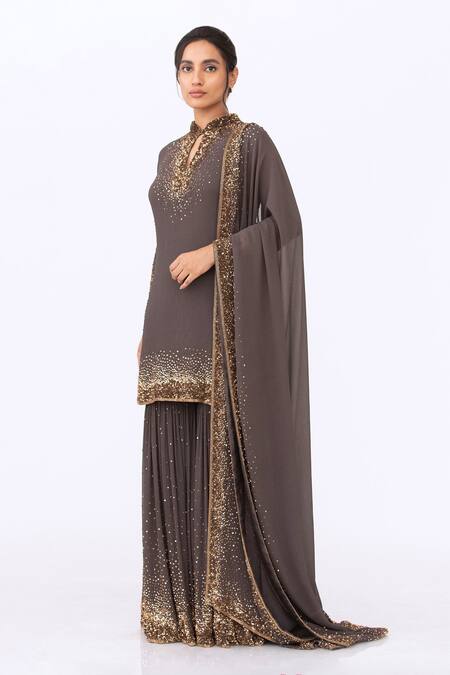 Shop Nakul Sen Grey Chiffon Sequin Mandarin Collar Embroidered Kurta Set Online at Aza Fashions Shop_Nakul Sen_Grey Chiffon Sequin Mandarin Collar Embroidered Kurta Set _Online_at_Aza_Fashions
