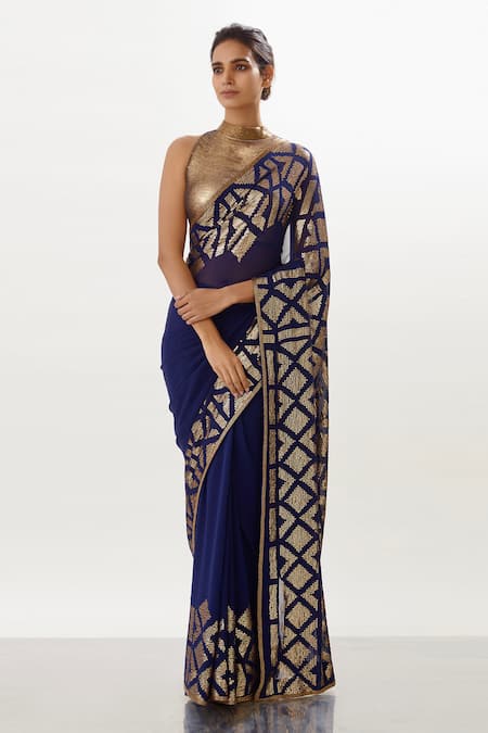 Nakul Sen Blue Chiffon Ikat Embroidered Saree With Blouse