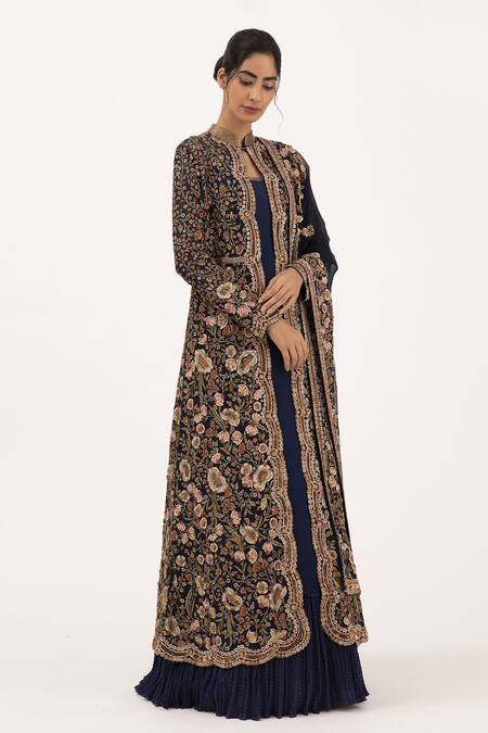 Nakul Sen_Blue Chiffon Floral Mandarin Collar Embroidered Jacket Lehenga Set_Online_at_Aza_Fashions