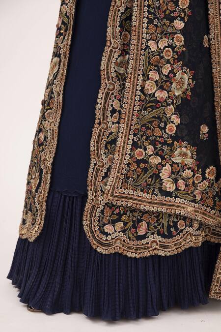 Shop_Nakul Sen_Blue Chiffon Floral Mandarin Collar Embroidered Jacket Lehenga Set_Online_at_Aza_Fashions