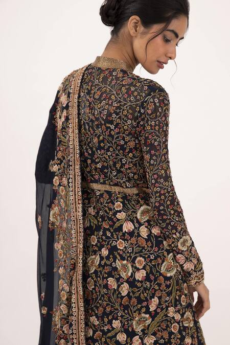 Nakul Sen_Blue Chiffon Floral Mandarin Collar Embroidered Jacket Lehenga Set_at_Aza_Fashions