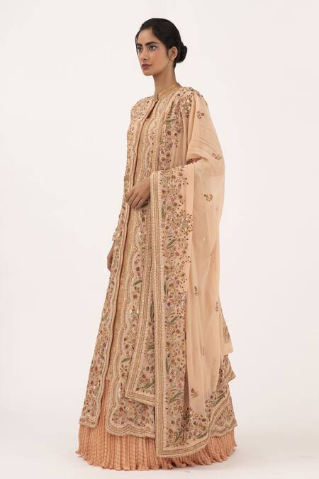 Nakul Sen_Pink Chiffon Floral Mandarin Collar Embroidered Jacket Lehenga Set_Online_at_Aza_Fashions