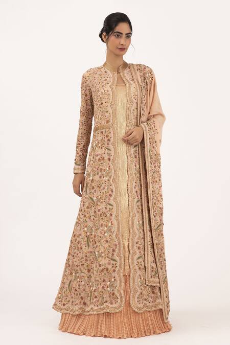 Buy_Nakul Sen_Pink Chiffon Floral Mandarin Collar Embroidered Jacket Lehenga Set_Online_at_Aza_Fashions
